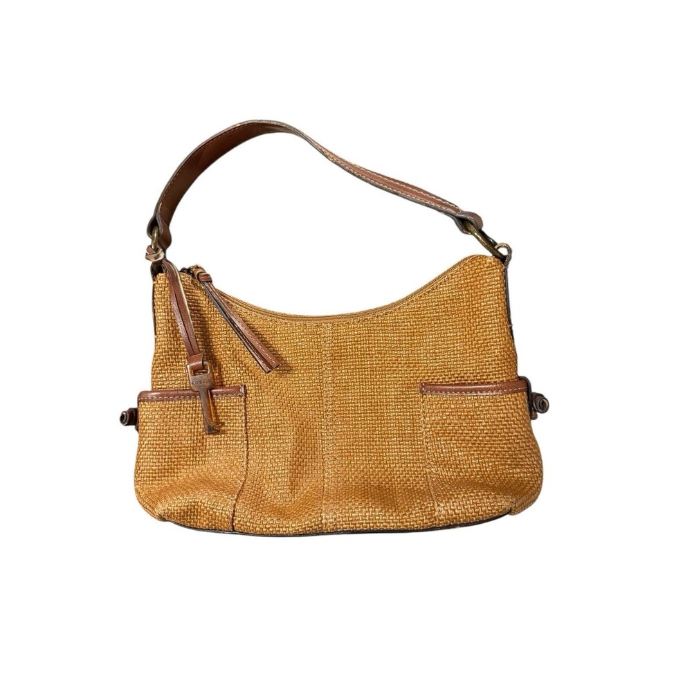 Vintage Y2K Fossil Woven Brown Straw & Leather Accents Hobo Shoulder Bag w/key